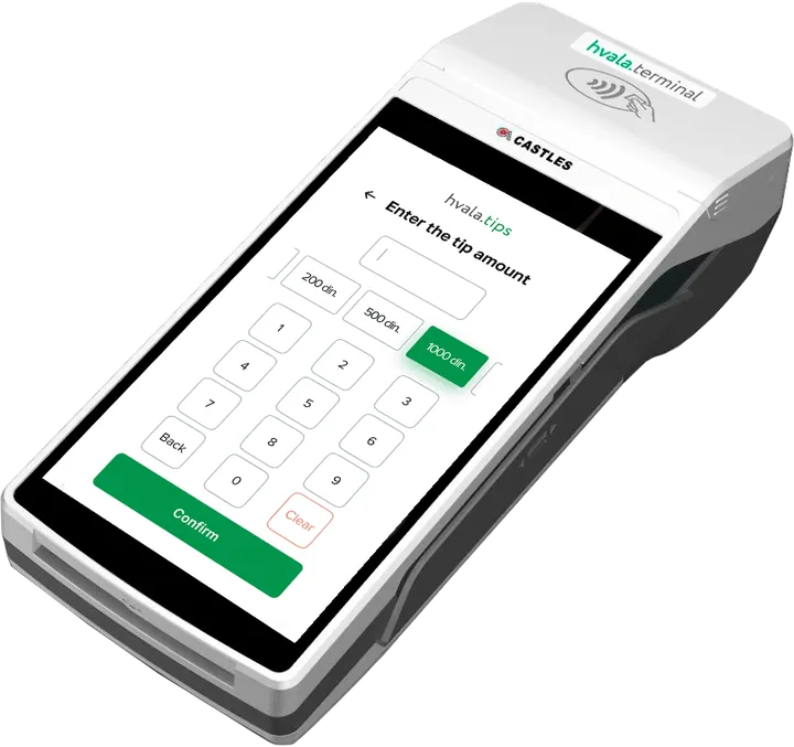 Entering a cashless tip amount on the hvala.terminal screen