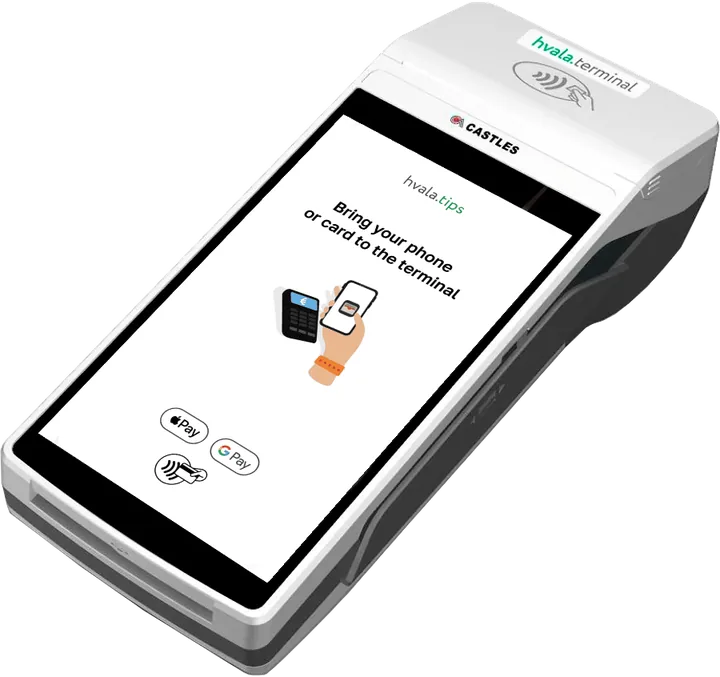 Contactless tips by card or phone on hvala.terminal