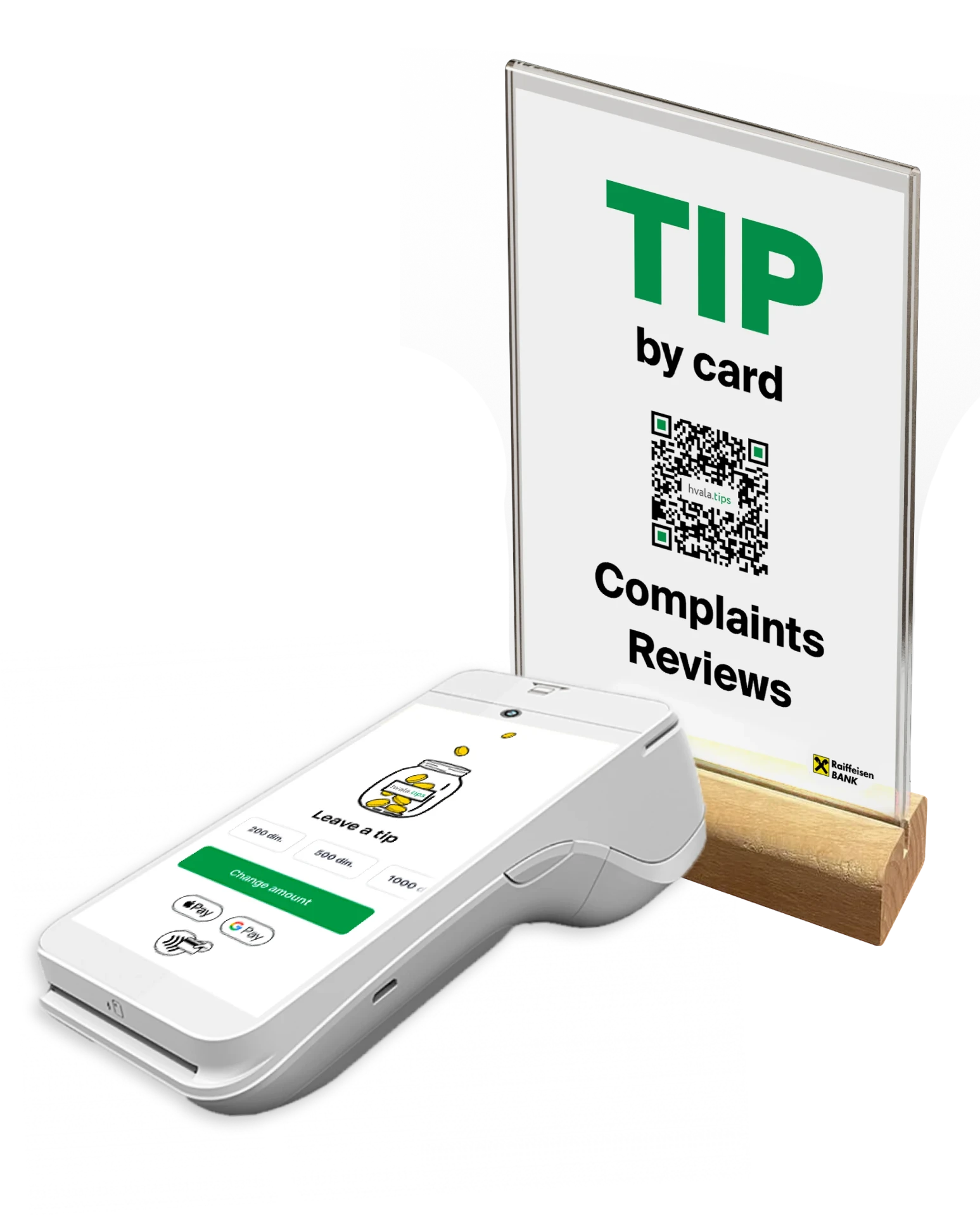 Dedicated hvala.terminal for cashless tips by card or phone
