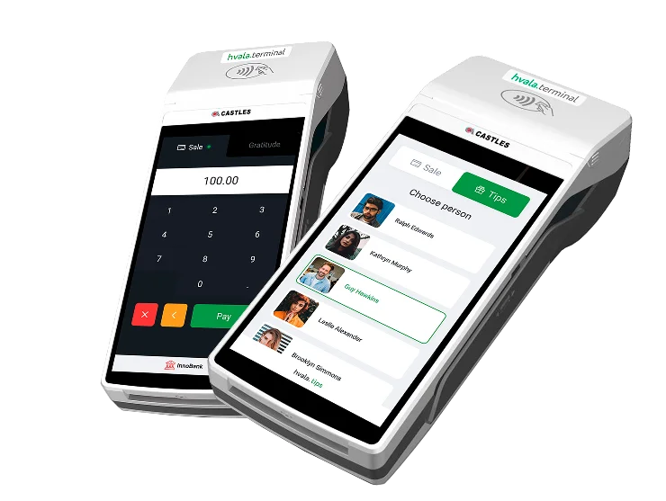 POS terminal for payments and tips by card with hvala.pay