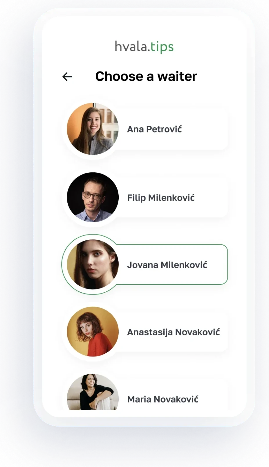 Izbor zaposlenog za bakšiš karticom na ekranu hvala.tips